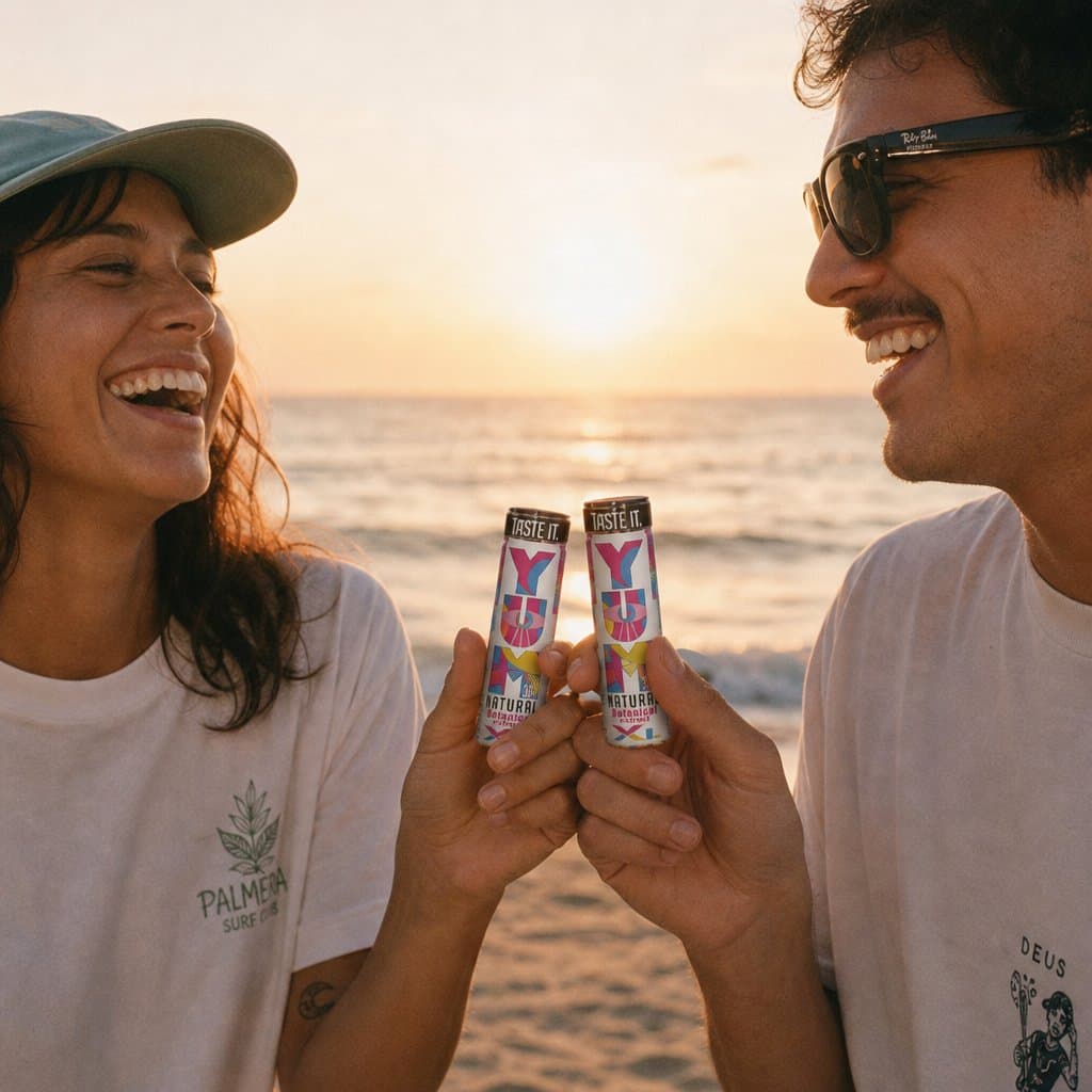 Two people toasting YUM botanical extract shots at the beach at sunset