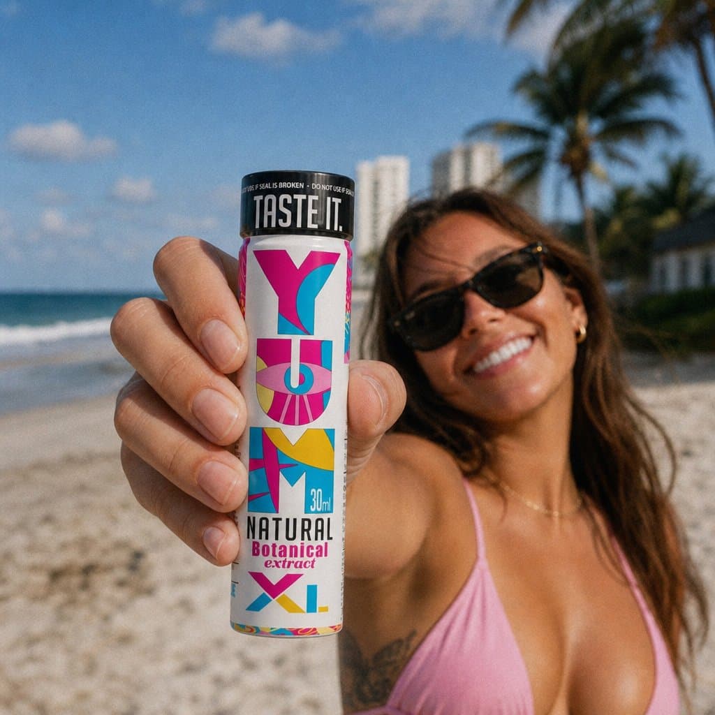 A YUM botanical extract shot at the beach
